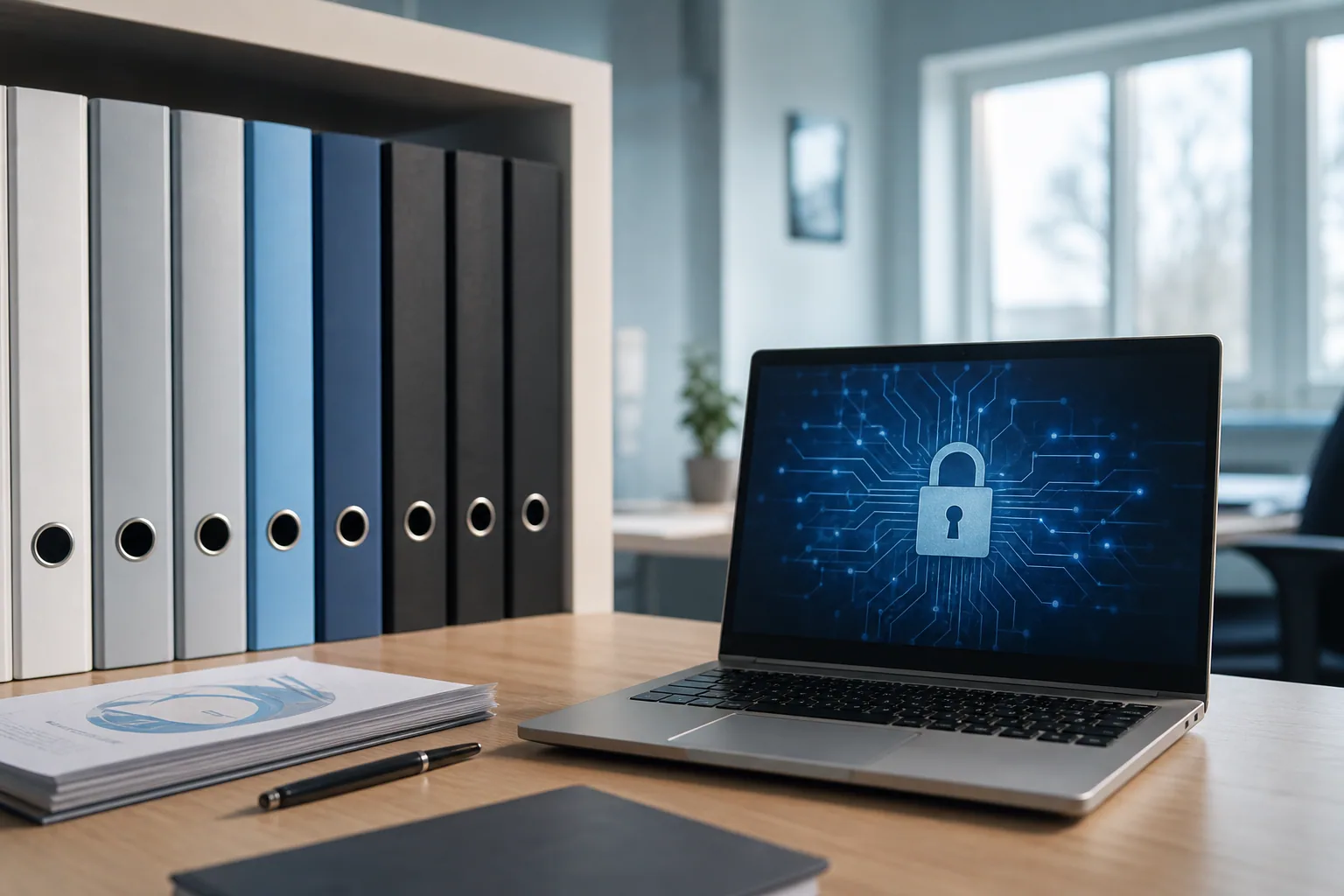 Segregatory z dokumentami i laptop z kłódką na ekranie na biurku w biurze małej firmy w Legnicy