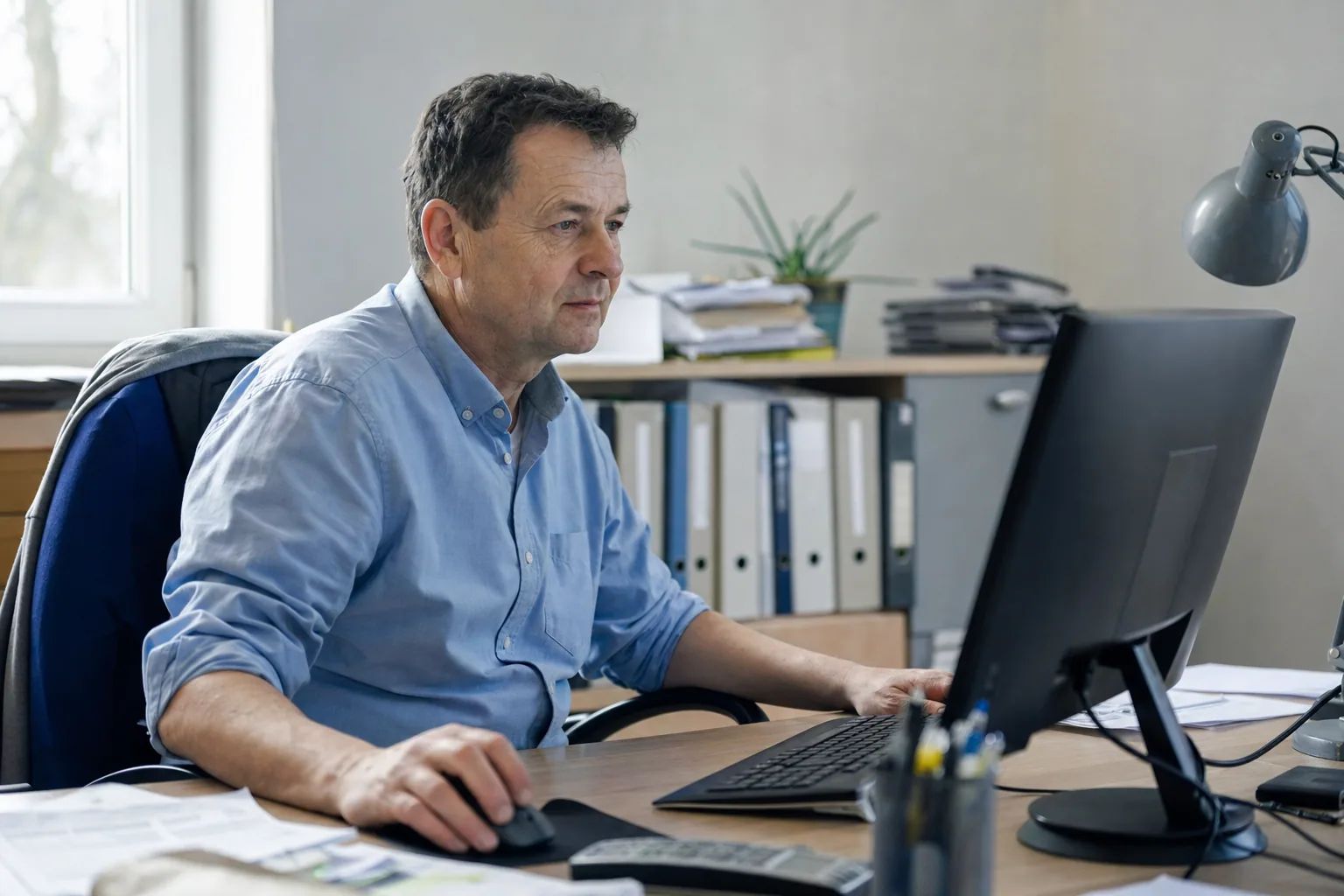 Właściciel małej firmy przy biurku czyta na komputerze gotowy projekt odpowiedzi na mail