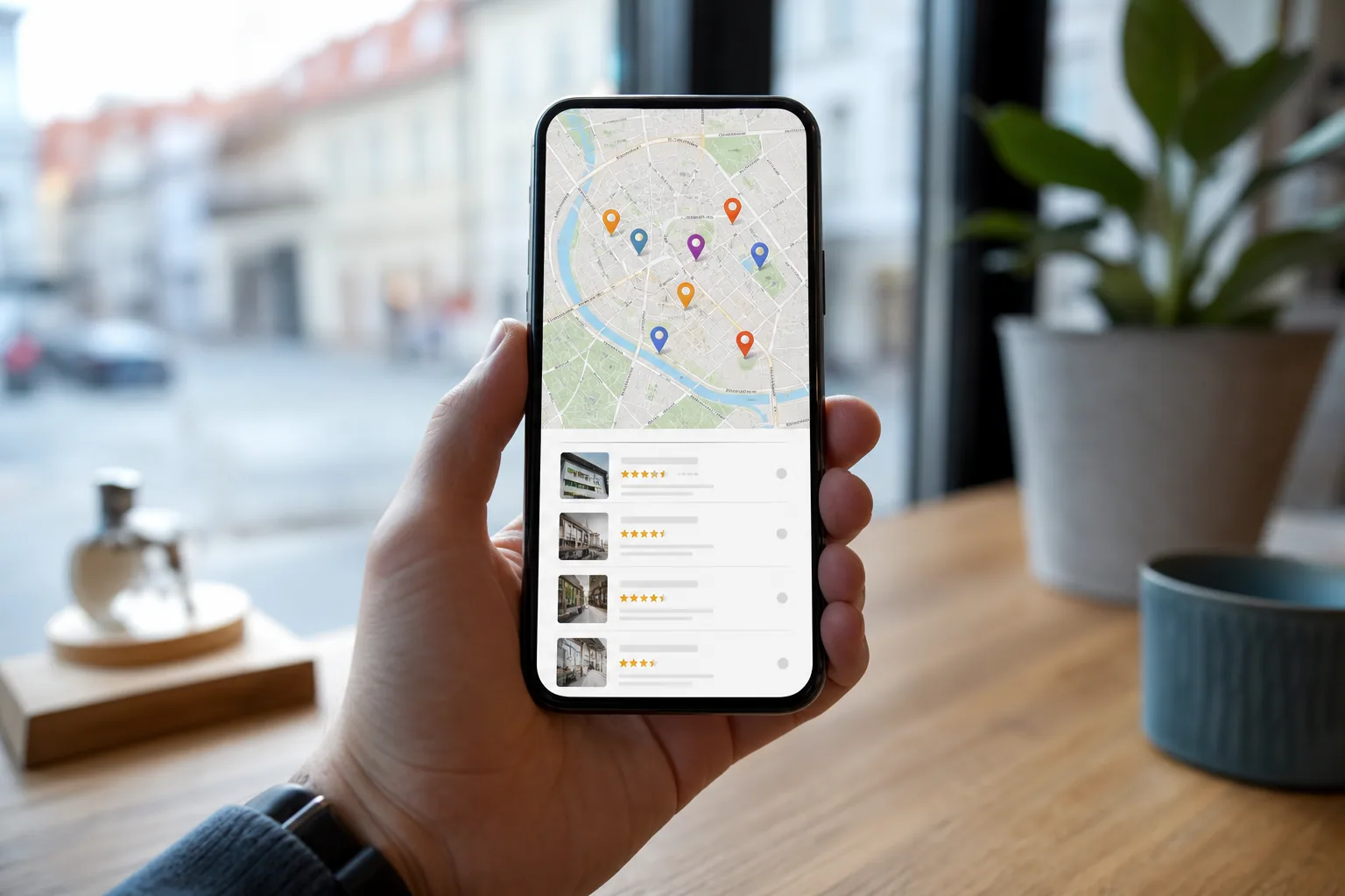 Telefon z otwartymi Mapami Google i wynikami lokalnych firm w Legnicy