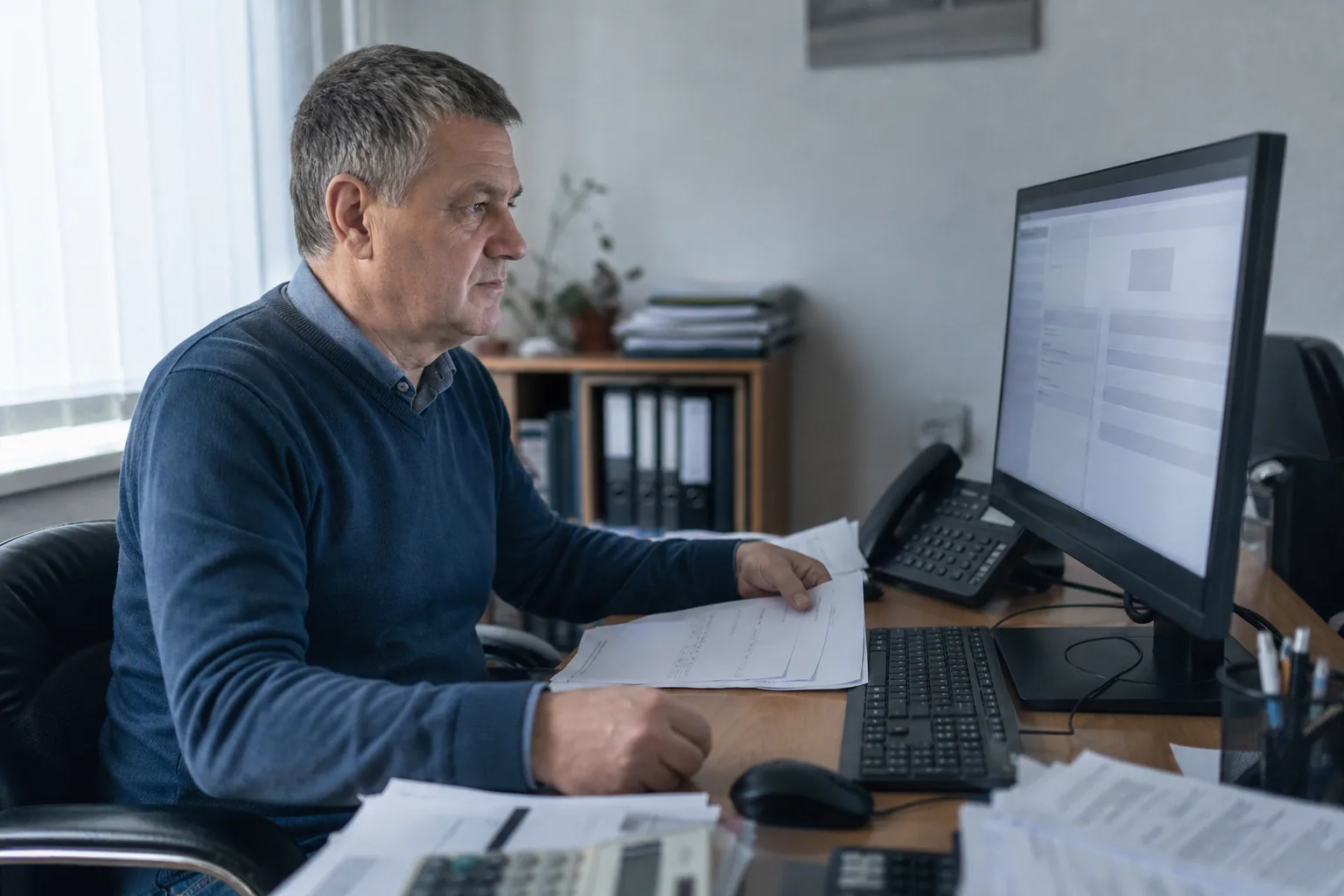 Właściciel małej firmy przy biurku sprawdza maile na komputerze obok telefonu i dokumentów
