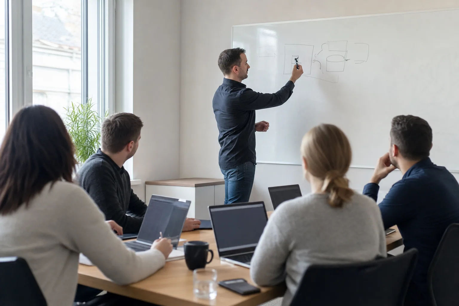 Pracownicy małej firmy z Legnicy na szkoleniu przy laptopach, prowadzący tłumaczy zagadnienie przy tablicy
