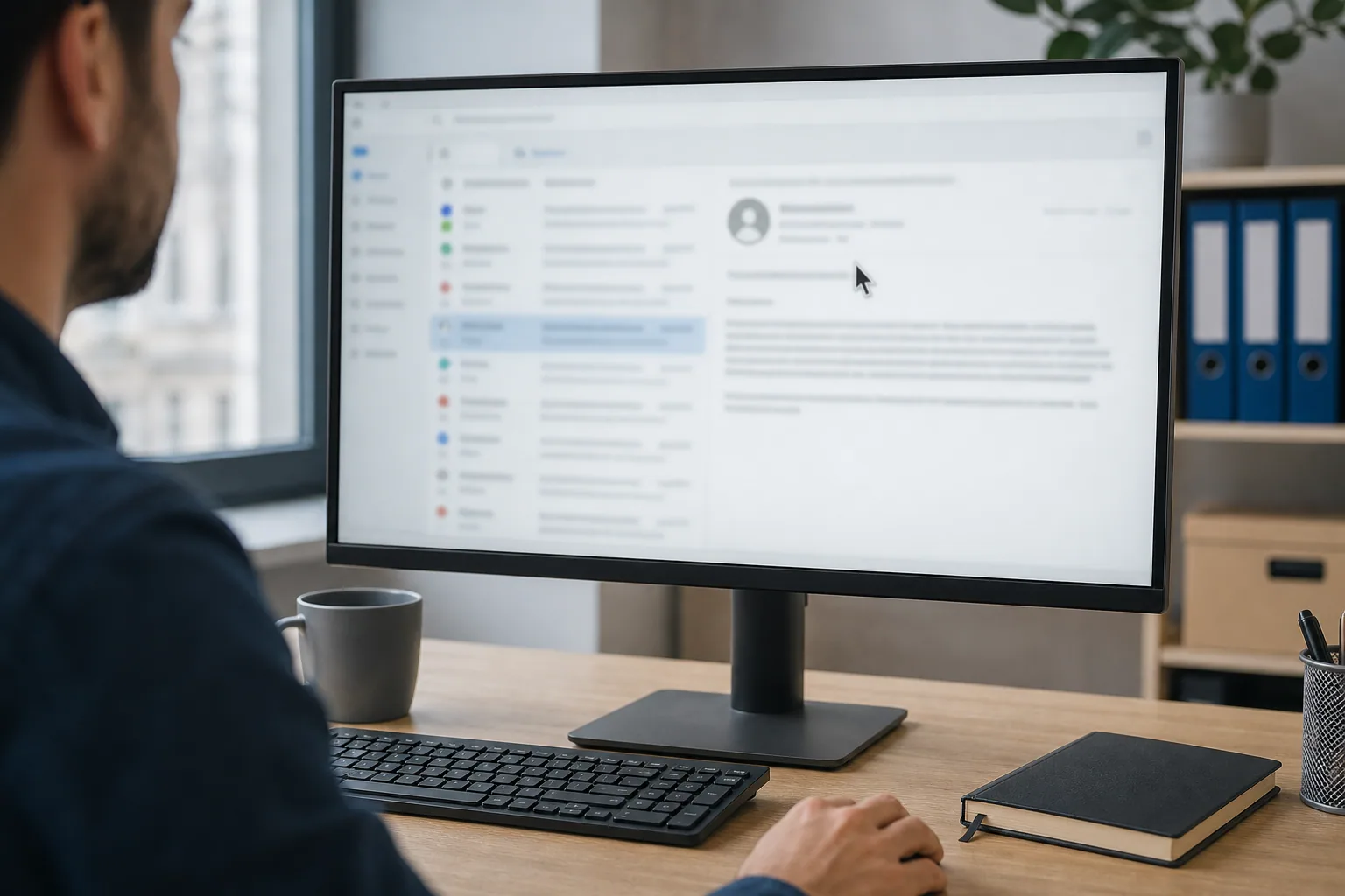 Pracownica biura w Legnicy sprawdza podejrzany e-mail na ekranie komputera