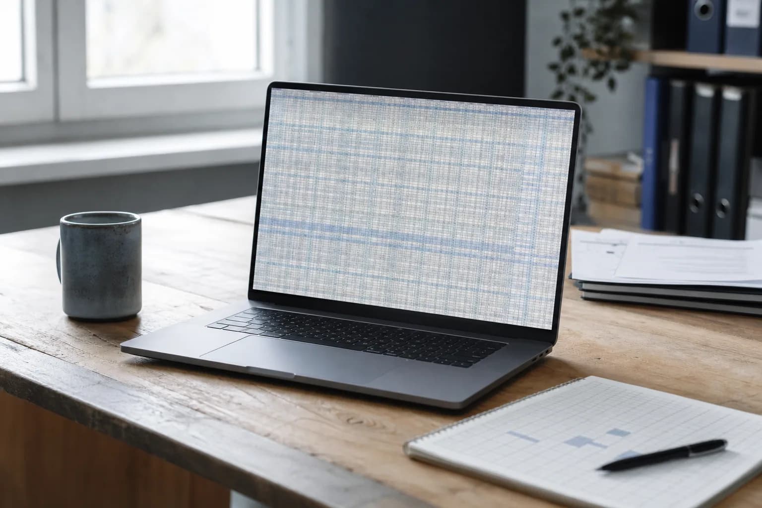 Laptop z rozbudowanym arkuszem Excel na biurku w biurze małej firmy