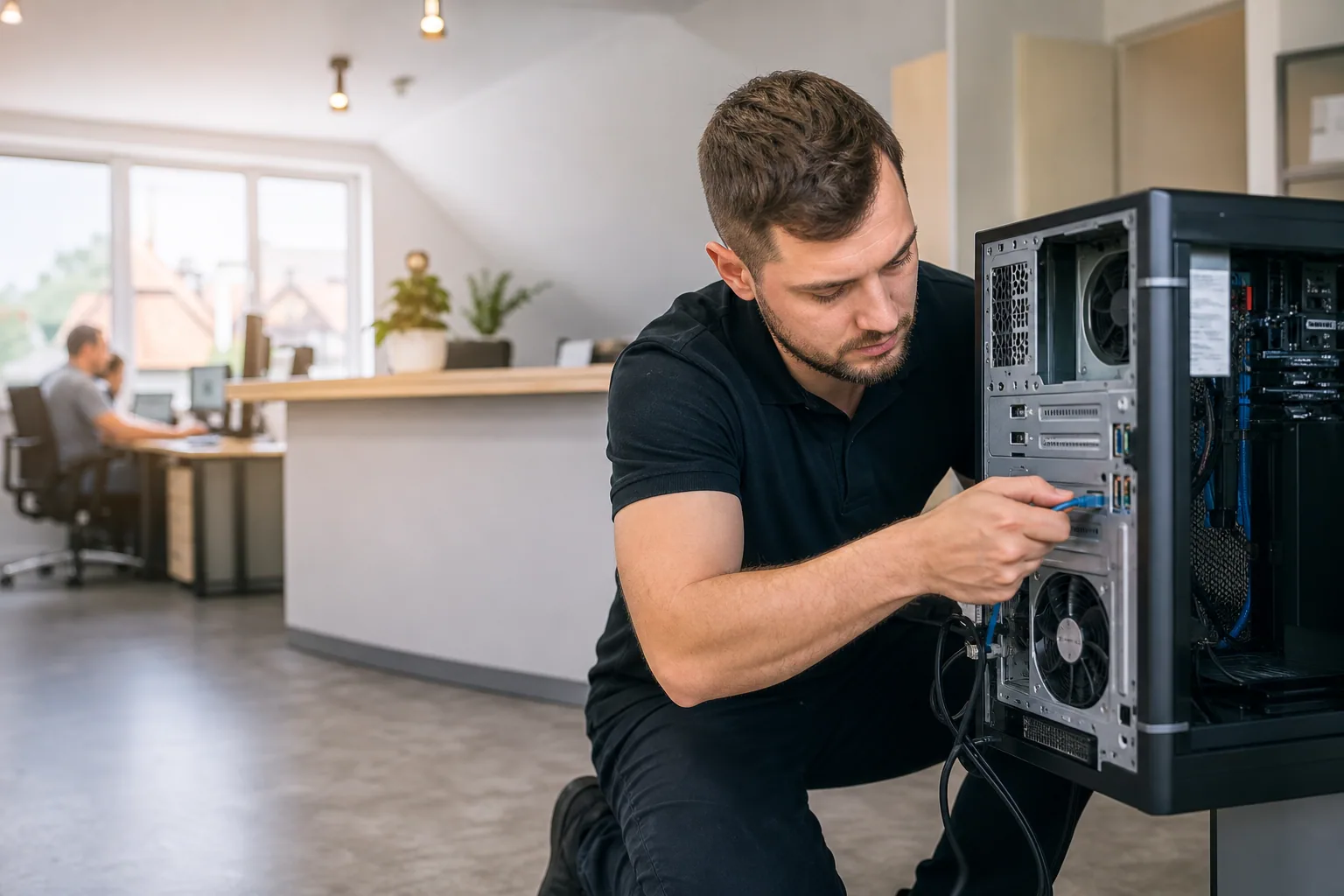 Technik IT z Legnicy sprawdza komputery i sieć w biurze klienta podczas wizyty on-site