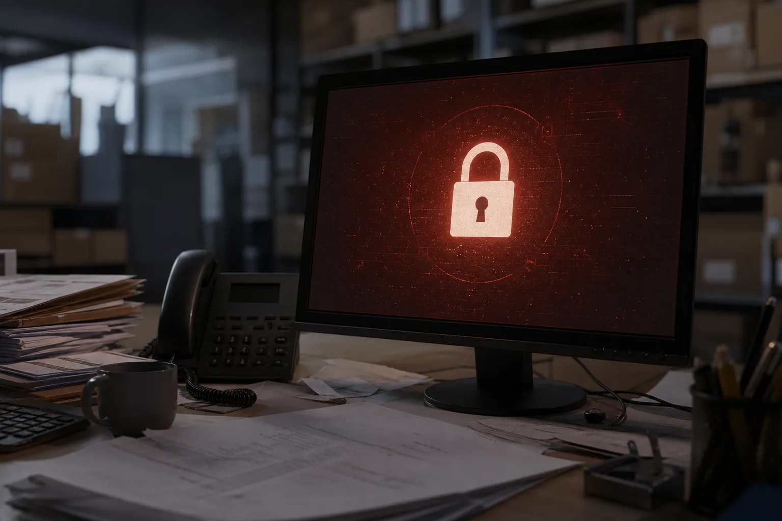 Ekran firmowego komputera z komunikatem żądania okupu po ataku ransomware